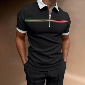 Schmal geschnittenes Herren-Poloshirt in Schwarz mit weißem Kragen und Reißverschluss