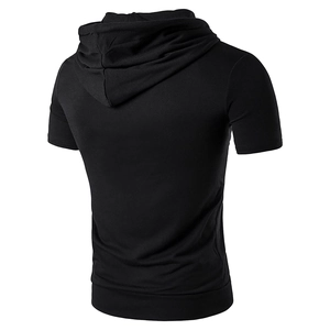 Men's solid black hooded t-shirt back view in slim fit breathable cotton blend