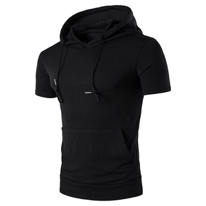 Detail of black hooded t-shirt showing kangaroo pocket and adjustable drawstrings