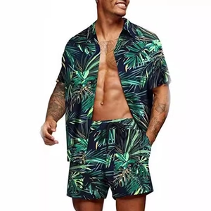 Men's Hawaiian two-piece set featuring tropical palm leaf print shirt and drawstring shorts