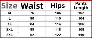 Guide des tailles pour pantalon cargo homme avec mesures de taille, hanches et longueur