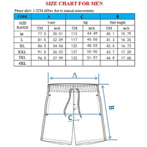 Detailed men's beach shorts size chart with M to 3XL measurements in CM and inches