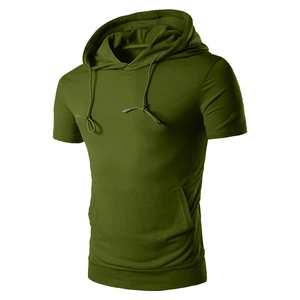 Detail of army green hooded t-shirt showing drawstring hood and kangaroo pocket texture
