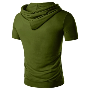 Rear view of slim fit olive green hooded T-shirt showing detailed fabric texture