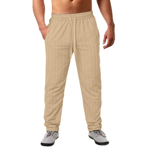 Men's khaki vertical striped linen beach pants with elastic drawstring waist for summer