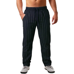 Men's navy vertical striped linen beach pants with elastic drawstring waist and loose fit