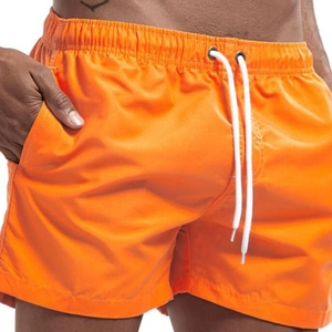 Quick-dry men's orange swim trunks with elastic drawstring waist and side pockets