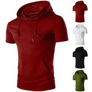 Men's solid color short sleeve hooded t-shirt with kangaroo pocket in various colors