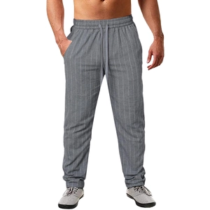 Men's vertical striped linen beach pants with elastic drawstring waist in light grey