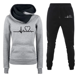 Women casual tracksuit set with grey hoodie and black pants featuring heartbeat heart print