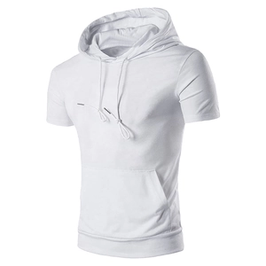 Detail of white hooded short sleeve t-shirt featuring drawstring and kangaroo pocket