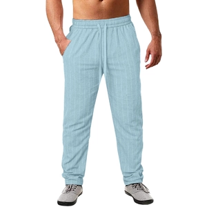 Men's light blue vertical striped linen beach trousers with drawstring elastic waist
