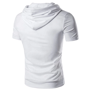 Rear view detail of a white men's slim fit hooded t-shirt with ribbed hem and high breathability