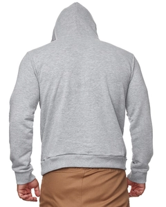 Vista posteriore di una felpa con cappuccio grigia da uomo in maglia di cotone spessa e comoda