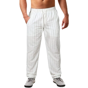 Men's Casual Pants Cotton Linen Vertical Striped Drawstring Elastic Waist Trousers Breathable Beach Summer Style