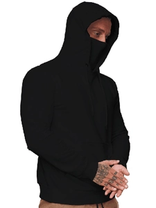 Detail of men's black tactical hoodie with integrated face mask and raglan sleeves