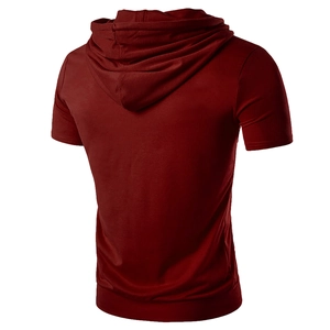 Detail view of the back of a burgundy hooded short sleeve sports t-shirt with reinforced hem