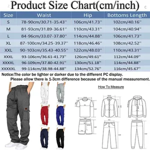 Comprehensive size chart for men's fleece-lined cargo pants with measurements in cm and inch