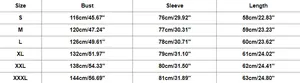 Size chart for fleece sweatshirt with measurements for bust sleeve and length in cm and inches