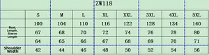 Size chart for men knit sweater ZW118 featuring chest, length, sleeve and shoulder dimensions