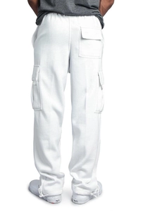 Vue arrière du pantalon cargo blanc avec plusieurs grandes poches à rabat et cordon