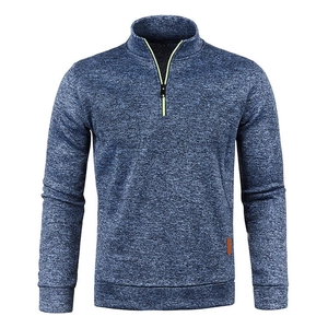 Men's quarter-zip melange knit sweater with contrast yellow trim and ribbed cuffs