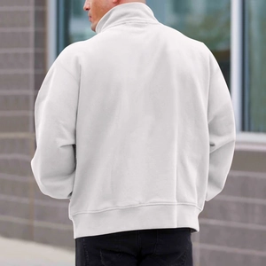 Rear view of white stand collar sweatshirt with ribbed hem and cuffs on a male model