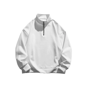 Close-up of white fleece sweatshirt with metal half-zip collar and ribbed cuffs