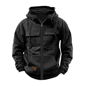 Men's heavy black hooded workwear jacket with multiple utility pockets and zip closure