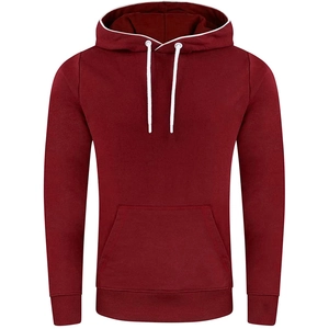 Classic burgundy hooded sweatshirt for men with white drawstrings and kangaroo pocket