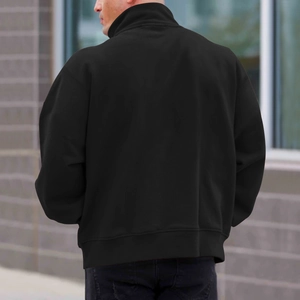 Street view of men's fleece stand collar sweatshirt with ribbed cuffs and hem