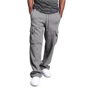Pantalon cargo gris pour hommes avec poches latérales, cordon et coupe droite décontractée