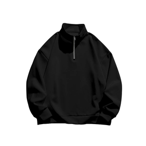 Detailed view of black fleece half-zip sweatshirt with stand collar and ribbed cuffs