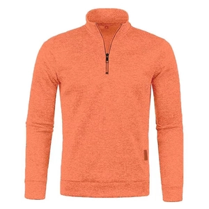 Close-up detail of the half-zip collar and ribbed texture on an orange knit sweater