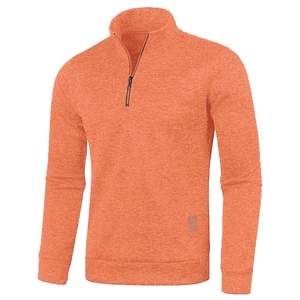 Detail of orange quarter-zip fleece sweater showing collar zipper and heathered texture