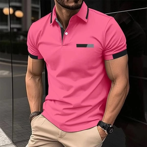 Detail of men's polo shirt with black contrast collar and chest faux pocket accent
