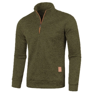 Detail of olive green quarter-zip sweater featuring a high collar and orange contrast zipper