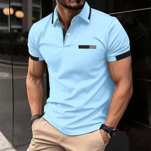 Detail of light blue men's slim fit polo shirt with black trim collar and button placket