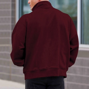 Detail view of the burgundy stand collar sweatshirt with ribbed cuffs and hem for men