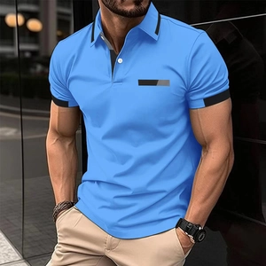 Detailed view of sky blue Polo shirt with black contrast trim on collar and sleeves