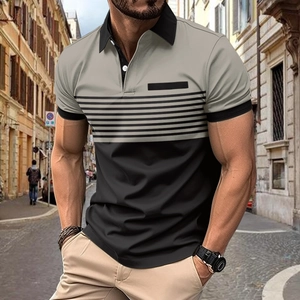 Close-up of casual striped polo shirt with grey and black patchwork and V-neck buttons