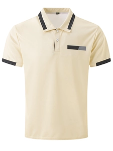 Detail of light beige polo shirt collar with contrast stripes and chest pattern