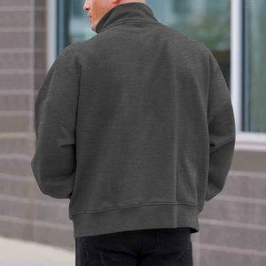 Rear view of dark grey fleece sweatshirt with stand collar and ribbed hem details