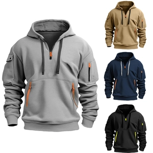 Detail of men's tactical hoodies showing arm flap pockets and colorful zipper accents
