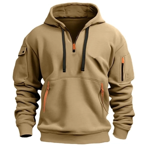 Men's khaki tactical hooded sweatshirt with multi-pocket design and orange zip details
