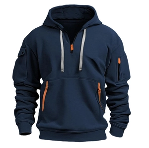 Detail view of navy hoodie with orange zipper pocket and tactical sleeve compartments