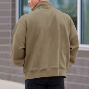 Rear view of khaki fleece-lined stand collar sweatshirt with ribbed hem and cuffs