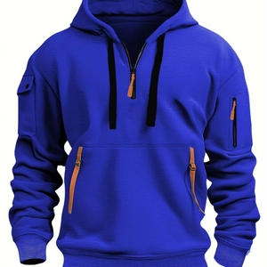 Detail of royal blue tactical hoodie with half-zip closure and multiple utility pockets