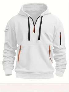 Detailed waffle texture and half-zip collar on a men's white hooded sweatshirt