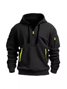 Tactical black hoodie with neon yellow zipper and functional multi-pocket design